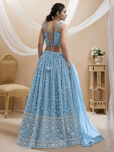 Lehenga Choli en Georgette Brodé Bleu Ciel Semi-Couturié, Tenue Indienne avec Dupatta, pour Mariage et Cérémonie Sangeet - Product Image 4