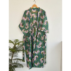 V-Neck Printed <b>Animal</b> <b>Pattern</b> Breathable <b>Knitted</b> Kimono Robe with Belt Long Sleeve Maxi Length Loose Fit 100% Cotton Cover-Up - Product Image 5