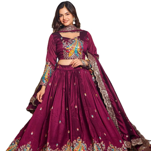 Elegant Vichitra Silk Lehenga Choli with <b>Sequin</b> Embroidery Lace Border Dupatta Blouse Set Floor-Length Winter Festive Wear - Product Image 1