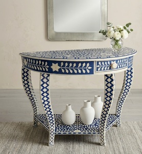 Bone Inlay <b>Console</b> <b>Table</b> Oval Wooden Entryway Desk Agate Inlay Living Room Accent <b>Table</b> - Product Image 3