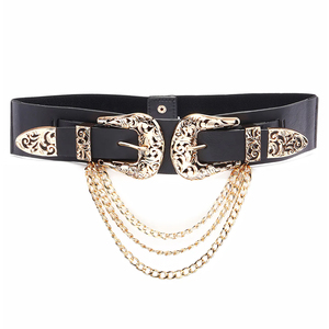 Streetwear Black Leather <b>Belt</b> Women Double Vintage Buckle Gold <b>Chain</b> Latest Style Clubwear Fashion <b>Belt</b> For Women - Product Image 1