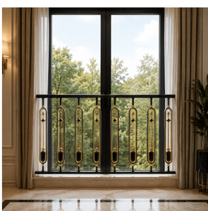 Balustre d'escalier Art Déco en laiton et fer, poteau de main courante noir et or à fixation au sol pour escalier - Product Image 3
