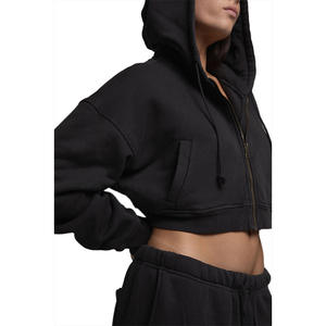High Quality Custom <b>Women's</b> <b>Black</b> Cropped Hoodie Embroidery Oversized <b>Fleece</b> Crop Hoodie Hip Hop Style Streetwear Winter Hoodies - Product Image 2
