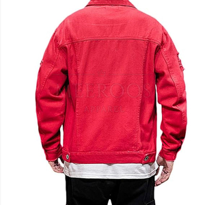 Veste en jean rouge déchirée pour homme, style streetwear décontracté, col rabattu, coupe classique, printemps - Product Image 2