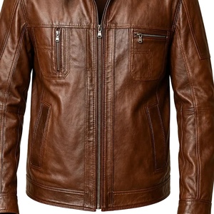 Blouson en cuir marron pour homme, style universitaire, col montant, fermeture éclair, blouson de motard vintage, vêtement d'extérieur décontracté en cuir - Product Image 5