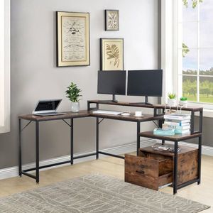 FCH Retro Wood Grain Triamine Surface <b>File</b> <b>Drawer</b> Cabinet L-Shaped Black Iron Pipe 2*USB Port 2*Three Computer Desks - Product Image 6