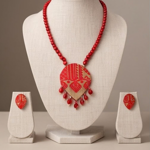 Traditional Red Muga Silk Necklace <b>Set</b> with Handcrafted Pendant and Matching Earrings | <b>Indian</b> Ethnic <b>Jewellery</b> with Floral Moti - Product Image 1
