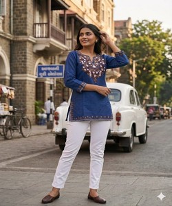 Kurta Azul de Algodón para Mujer con Bordado, Estilo Casual de India y Pakistán, Tradicional para Todas las Temporadas 85435- BLUESTAR- BS...160 - Product Image 2