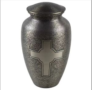 Metal Cremation Urn <b>Ashes</b> Vase Silver Speckled Cross Memorial <b>Keepsake</b> Handmade Funeral Decor - Indian Home Crafts - Product Image 4