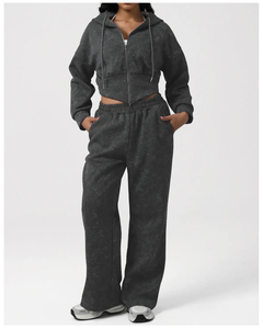Conjunto de 2 Piezas para Mujer, Sudadera Corta y Pantalones, Color Sólido, Felpa, Corte Holgado, Ropa Deportiva Informal, Pantalones Largos con Cordón Ajustable - Product Image 3