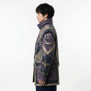Purple Vintage Distressed Leather Long Coat <b>Mens</b> <b>Gothic</b> Crown Demon Face Embroidered Flap Pocket Outerwear - Product Image 4