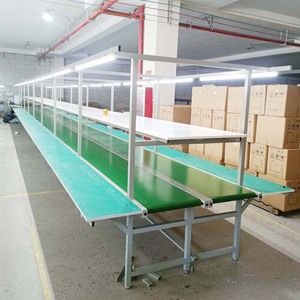 Ligne d'assemblage à convoyeur en alliage d'aluminium avec éclairage LED et banc de travail, longueur 12000 mm, bande verte, pour salle blanche - Product Image 2