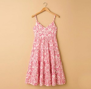 Women Pink Geometric Print V-Neck Midi <b>Dress</b> Spaghetti Strap <b>Loose</b> Fit Casual Summer Woven Chiffon <b>Dress</b> - Product Image 1