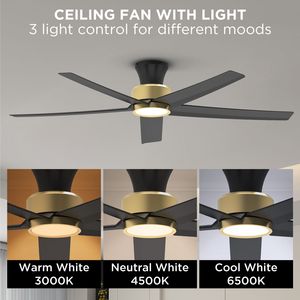 Ventilateurs de plafond de 52 pouces avec éclairage, moteur DC silencieux réversible et télécommande, 5 pales en bois, grand volume d'air, 5X W5 - Product Image 6