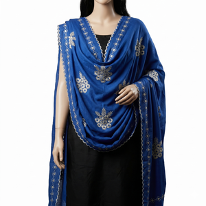 Écharpe ethnique en coton bleu pour femme, broderie florale et strass, chaude et respirante, toutes saisons, usage quotidien, fournisseur OEM - Product Image 1
