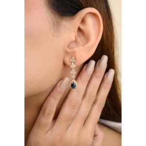 14K Solid Gold Natural Blue Sapphire <b>Diamond</b> Drop <b>Dangle</b> <b>Earrings</b> - Product Image 3