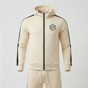 Survêtement à capuche pour homme, couleur crème, logo géométrique, fermeture éclair intégrale, vêtements de sport décontractés, tenue d'automne avec poches latérales - Product Image 1