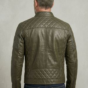 Premium Men's Olive <b>Green</b> Leather Jacket Quilted Shoulder Biker Motorcycle Slim Fit Stand Collar Casual Outerwear Winter Coat - Product Image 2