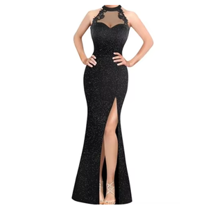 Robe de soirée sirène moulante pour femme, à paillettes, col montant halter, avec dentelle illusion en maille et appliques, fente haute, longueur ras du sol, pour bal de promo et occasions formelles - Product Image 4