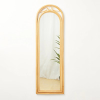 Miroir debout intégral de haute qualité, miroir de sol en rotin naturel pour la chambre à coucher, OEM accepté