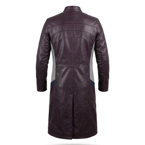 Manteau long en cuir véritable Deep Plum pour homme, avec panneau latéral gris personnalisé, fermeture éclair intégrale et col montant – Fournisseur en gros - Product Image 2