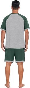 Conjunto de pijama de dos piezas para hombre, talla grande, informal, de verano, con bloques de color, 100% algodón tejido, camiseta de manga corta con bolsillo y pantalones cortos. - Product Image 3