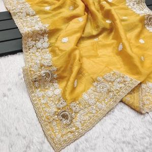 KV Women's Embroidered, Embellished Bollywood Pure Silk <b>Saree</b> With Unstitched Blouse (<b>Yellow</b>) - Product Image 3