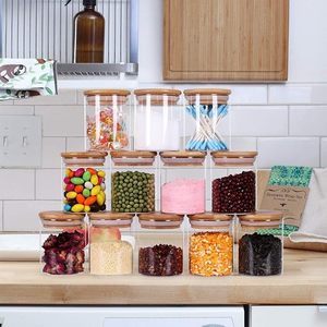 Clear Glass Food Storage Jar Bamboo Lid <b>Canister</b> <b>Set</b> Easy Open Container for Pantry Spice Sugar Dry Food - Product Image 2