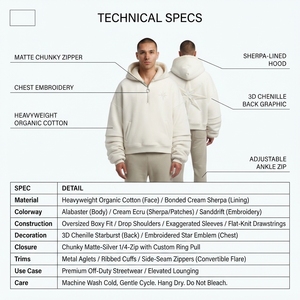 Heavyweight 450GSM 100% Organic Cotton Spider Hoodie-Sherpa Lined Oversized 1/4 Zip Y2K Streetwear for Men Winter/Autumn - Product Image 5