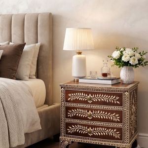 <b>Black</b> Bone Inlay Modern Bedside Nightstand 2 Drawer Floral Carved Bedroom Accent <b>Side</b> <b>Cabinet</b> - Product Image 1