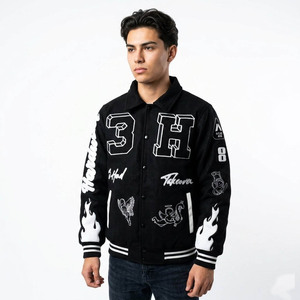 Men's Black Varsity <b>Jacket</b> With White Embroidered Logo And Patch Designs Streetwear Style Turn-down Collar Regular Fit - Product Image 3