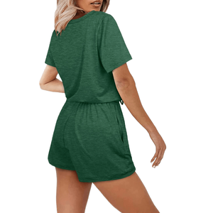 Conjunto de Dos Piezas de Punto para Mujer, Cuello en V, Manga Corta, Color Verde, Corte Holgado, Estilo Casual para Primavera/Verano - Product Image 2