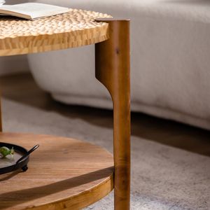 Tavolino da Caffè Rotondo in Legno Massello a 2 Ripiani Stile Mid-Century Moderno per Soggiorno con Ripiano Portaoggetti - Product Image 5