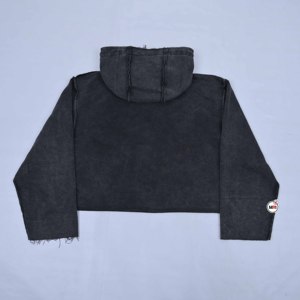 Hoodies courts pour femmes, couleur unie, manches longues, en coton tricoté, style décontracté pour l'automne, avec poches, finition délavée - Product Image 2