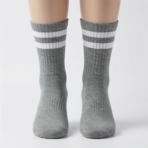 Gray Crew <b>Socks</b> With White Stripes Knitted Cotton Breathable Casual Daily Wear Adult Size Standard Spring Season - Product Image 1