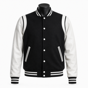 Chaqueta Varsity Personalizada en Blanco y Negro, Cuerpo de Lana, Mangas de Cuero, Chaqueta de Béisbol Letterman, Fabricante de Marca Privada OEM - Product Image 1