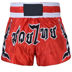 Pantalones Cortos Profesionales Rojos de Muay Thai - Cintura con Rayas Rojas y Blancas - Pantalones Cortos de Kickboxing con Gráficos Tribales Negros - Equipo de MMA de Satén - Product Image 1