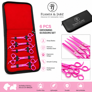 Ensemble de ciseaux de toilettage pour animaux de compagnie Flamia & Jabz en acier inoxydable argenté de 6,0 pouces en forme d'animal avec dents en os de poisson et 4 ciseaux - Product Image 1