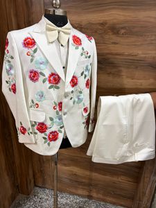 Men’s Ivory Floral Embroidered Wedding Suit – Western Cowboy Groom <b>Blazer</b> <b>Set</b> with Rose Embroidery for Party & Formal Wear - Product Image 5