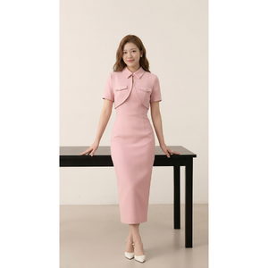 Vestido Midi Rosa Claro de Moda para Mujer con Blazer Corto, Hecho en Vietnam, Fábrica, Marca Privada, OEM, ODM - Product Image 1