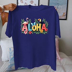 เสื้อยืดพิมพ์ลายถักนิตติ้งสำหรับผู้หญิงสไตล์ลำลองธีมทรอปิคอล ALOHA ผลิตจากผ้าฝ้าย 100% ให้ความสบาย - Product Image 3