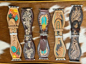 New Handmade Genuine Leather Custom Design Western Floral Tooled Painted <b>Watch</b> Bands Boho Western Replacement <b>Watch</b> Straps - Product Image 4