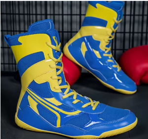 Bottes d'entraînement de boxe en PU bleues et jaunes, design durable à tige haute pour toutes les saisons, chaussures de boxe respirantes, légères, pour le sport - Product Image 3