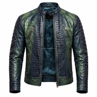 Veste en cuir de crocodile pour homme MH, style motard, col montant, fermeture éclair, coupe ajustée, pour l'automne