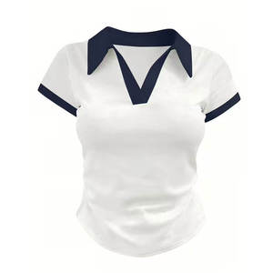 Camiseta de Punto Corta y Ajustada de Color Morado con Cuello Blanco, Manga Corta, Estilo Casual para Hombre, Color Sólido, Tipo Suéter, 100% Algodón - Product Image 3