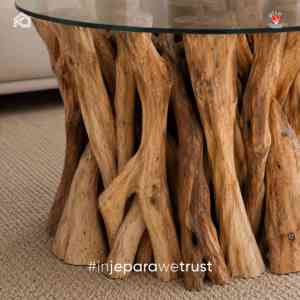 Table basse ronde en racine de teck massif artisanale avec plateau en verre trempé, style rustique, pour salon, hôtel, villa, resort - Product Image 6