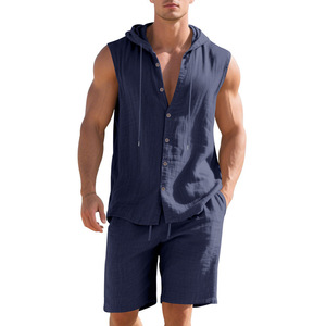 Men's 2 Piece <b>Linen</b> Outfit Sleeveless Hooded Button Shirt and Loose Straight <b>Shorts</b> for Everyday Wear - Product Image 1
