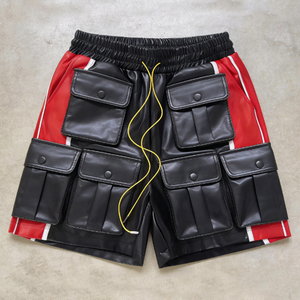 Pantalones Cortos Cargo de Moda Vintage Personalizados para Hombre, Cintura Elástica Alta, Múltiples Bolsillos, Estilo Urbano, Pantalones Cortos de Cuero PU - Product Image 1