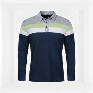 Polo à manches longues pour homme, rayé, patchwork, col à revers, décontracté, respirant, doux, pour le quotidien et le golf, vente en gros - Product Image 2