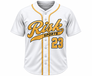 Camiseta de Béisbol Blanca para Hombre, Manga Corta, con Botones, Ribete Dorado, Número 23, 100% Poliéster Sublimado, RISK SPORTS - Product Image 3